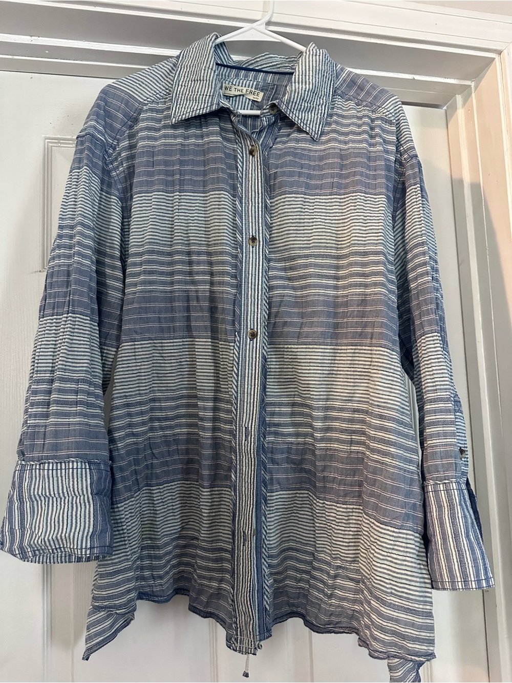 Free People Blue and White Striped Lightweight Button-Up Shirt